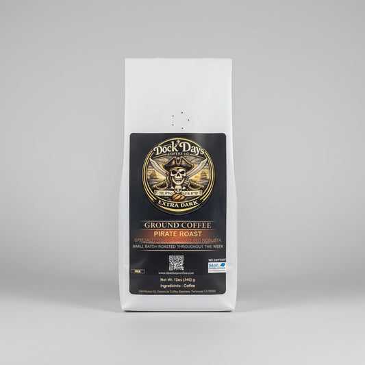Dock 6 Days Pirate Roast coffee package on a gray background