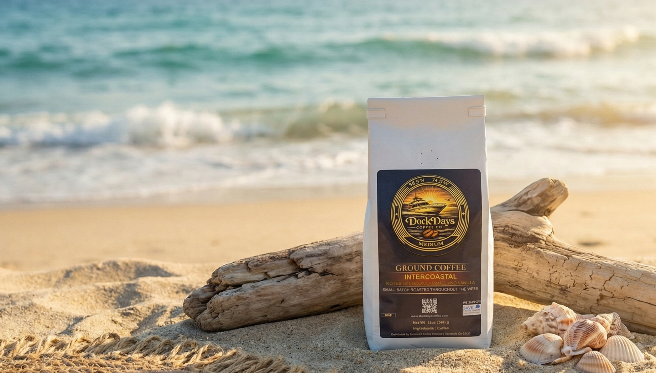 Coffee package and cup on a sandy beach with ocean view