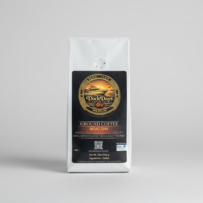Duck Days Ground Coffee package on a gray background