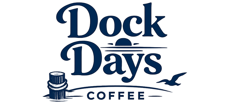 Dock Days Coffee logo with a coffee cup and seagull on a white background