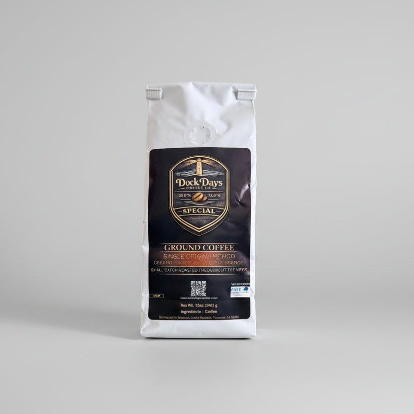 Dock Day's ground coffee package on a gray background