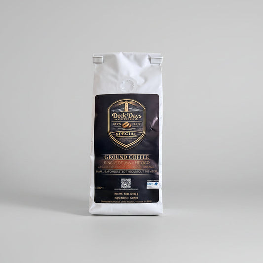 Dock Day's ground coffee package on a gray background