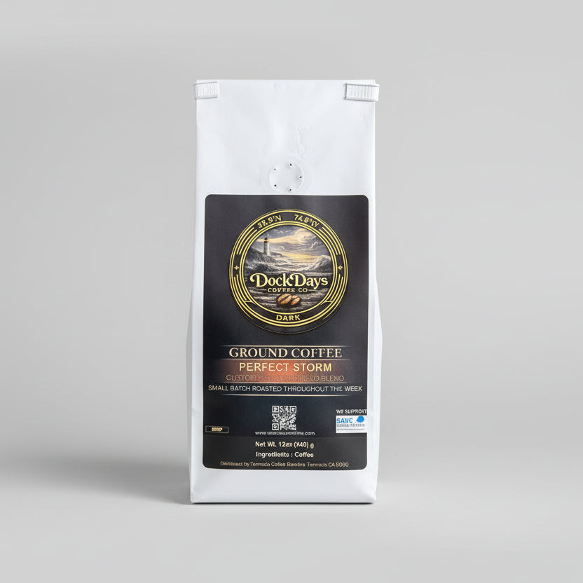 Dock Day's Ground Coffee bag on a wooden surface with a beige background