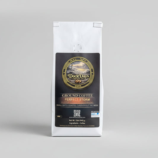 Dock Day's Ground Coffee bag on a wooden surface with a beige background