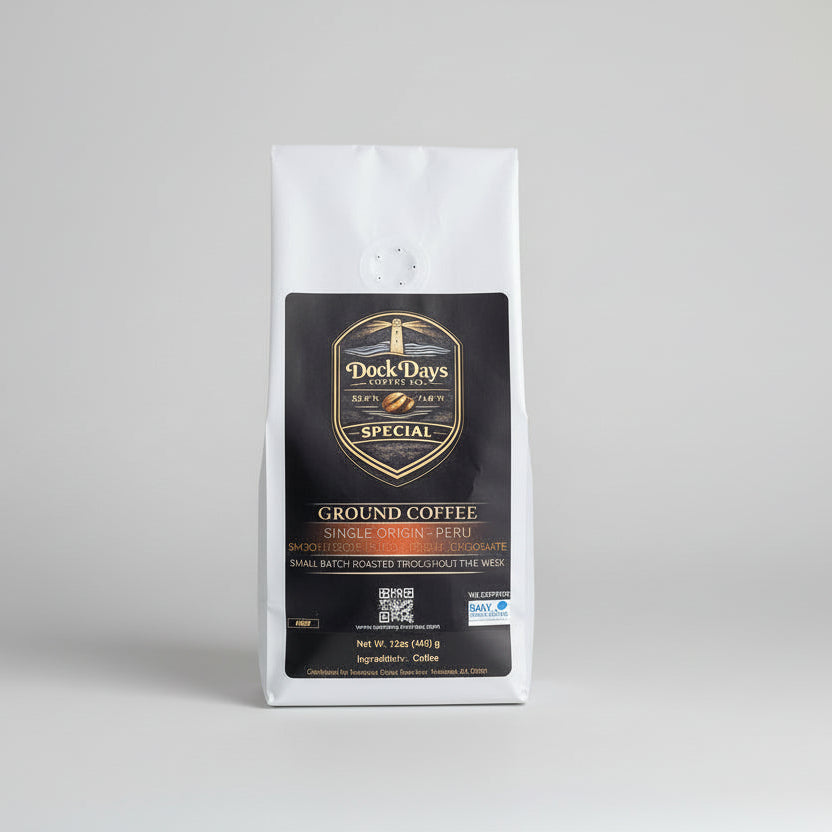 Dockside Coffee Company ground coffee package on a gray background